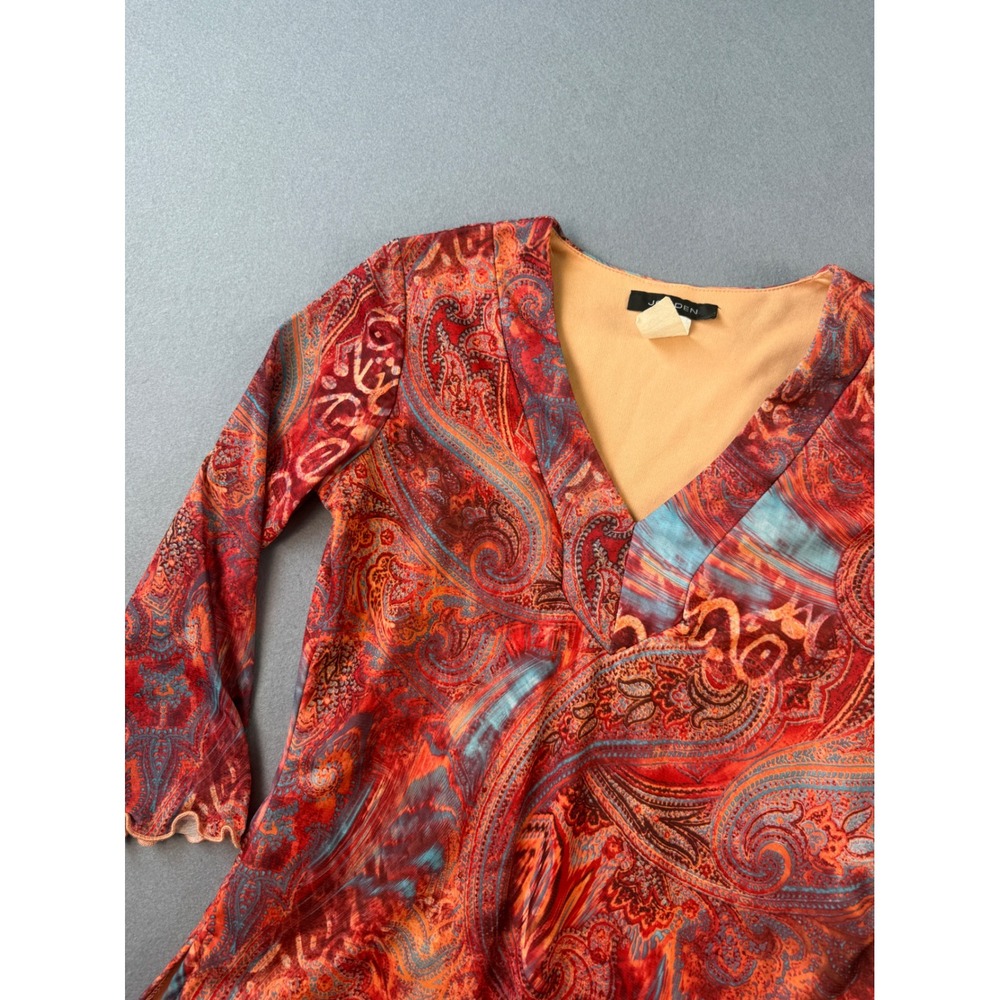 Jonden Womens Paisley Mesh Tunic Top V-Neck 3/4 Sleeve Orange Red Size S USA